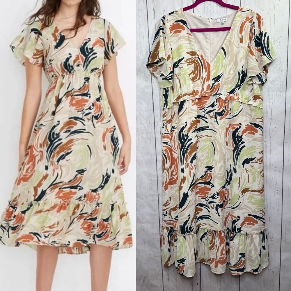 Madewell Abstract Midi Dress Size 16 Flutter Sleeve Boho Tiered Romantic Coastal